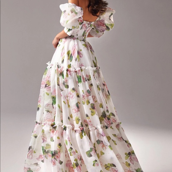 MILLA apple blossom puff sleeve white and pink floral gown XS worn once - Picture 3 of 9